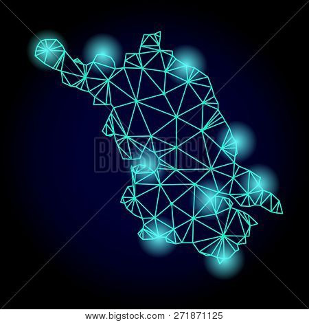Glossy Polygonal Mesh Map Of Jiangsu Province With Glare Effect. Abstract Mesh Lines, Triangles, Lig