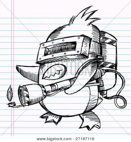 Notebook Sketch Doodle Penguin Commando Drawing Vector Illustration Art
