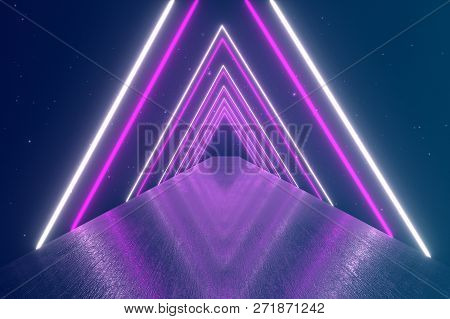 Flying Through Glowing Rotating Neon Triangles Creating A Tunnel, Blue Red Pink Violet Spectrum, Flu