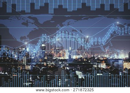 Night City Background With Digital Forex Chart. Trade And Future Concept. Double Exposure