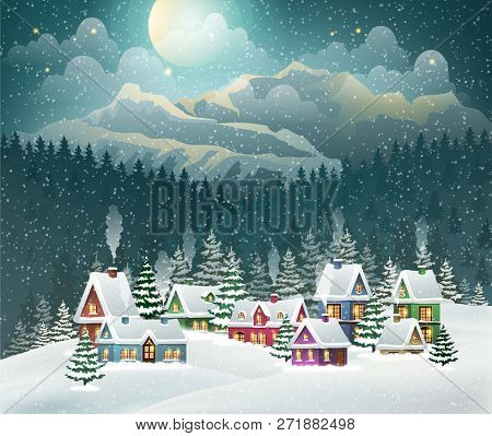 Evening Village Winter Landscape With Snow Covered Houses And Mountains. Christmas Holidays Vector I