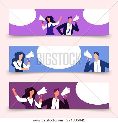 Horizontal Banners Template With Woman And Man With Megaphone. Buisnesspeople Shouting In Bullhorn W