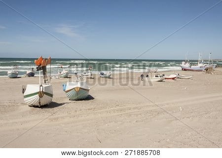 Norre Vorupor, Denmark - May 8, 2017: Fishing Boats On The Beach On May 8, 2017 In Norre Vorupor, De