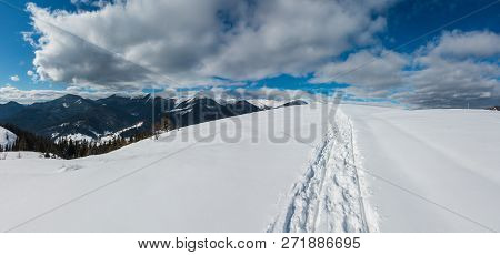 Sledge Trace And Footprints On Winter Mountain Hill Top And Snow Covered Picturesque Alp Chornohora 