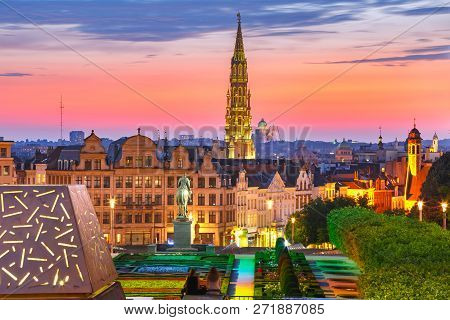 Brussels City Hall And Mont Des Arts Area At Sunset In Brussels, Belgium
