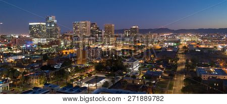 Dusk Comes As Night Falls On The Buildings In The Downtown Urban Core Of Phoenix Arizona