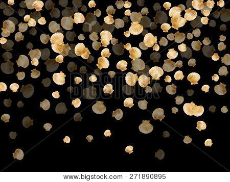 Gold Seashells Vector, Golden Pearl Bivalved Mollusks. Cartoon Scallop, Bivalve Pearl Shell, Marine 