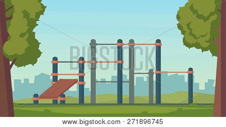 Summer Street Workout Park For Fitness And Strength Training. City Sport Place. Element And Equipmen