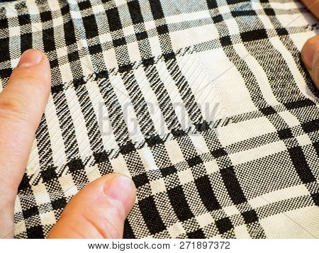 Arafat Scarve With Hands. Texture Of A Material. Natural Fabric, Square Pattern, Close Up. Silk Patt