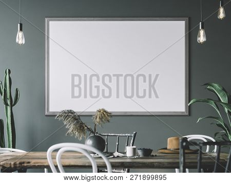 Frame Mockup In Interior. Cozy Interior With Empty Poster Frame.