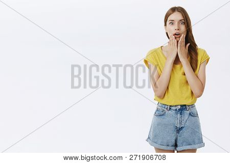 Impressed Excited Good-looking Female Meeting Star Looking With Admiration And Astonishment In Casua