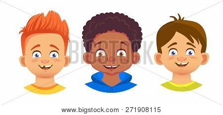 Boys Character Set. Emotions Of Children Face. Face Vector Illustration