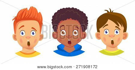 Boys Character Set. Emotions Of Children Face. Face Vector Illustration