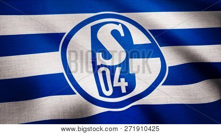 Usa - New York, 12 August 2018: Fc Schalke 04 Flag Is Waving On Transparent Background. Close-up Of 