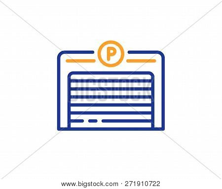 Parking Garage Line Icon. Auto Park Sign. Car Place Symbol. Colorful Outline Concept. Blue And Orang