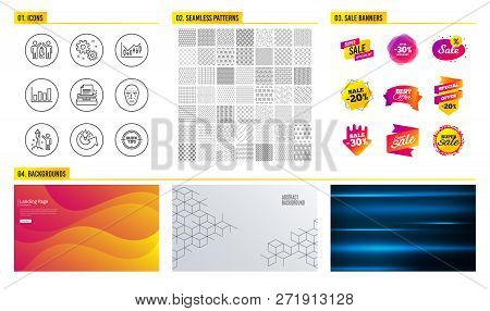 Seamless Pattern. Shopping Sale Banners. Set Of Typewriter, Work And Face Biometrics Icons. Financia