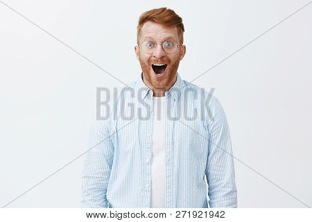 Friends Bought Me New Car, Wow. Amazed And Thrilled Joyful Redhead Man With Beard In Glasses And Shi