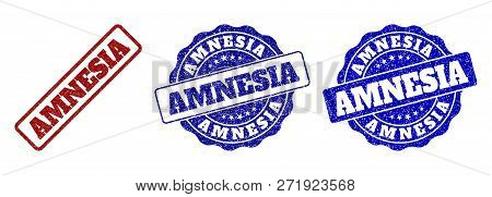 Amnesia Grunge Stamp Seals In Red And Blue Colors. Vector Amnesia Labels With Grunge Style. Graphic 