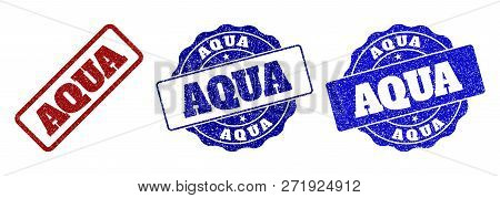 Aqua Scratched Stamp Seals In Red And Blue Colors. Vector Aqua Labels With Scratced Surface. Graphic
