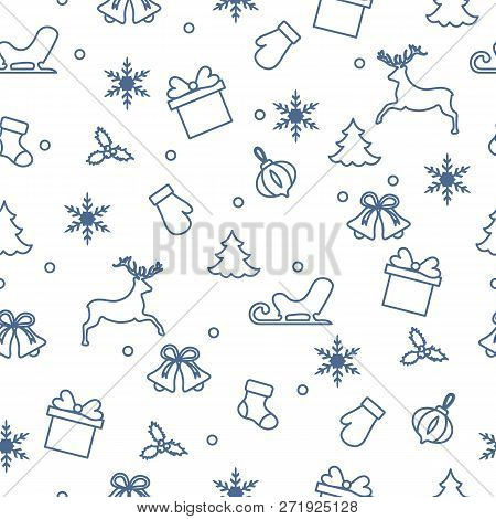 Happy New Year 2019 And Christmas Seamless Pattern. Winter Illustration With Mittens, Sled, Gift, Sn