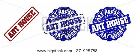 Art House Grunge Stamp Seals In Red And Blue Colors. Vector Art House Overlays With Grunge Style. Gr