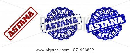 Astana Grunge Stamp Seals In Red And Blue Colors. Vector Astana Overlays With Grunge Surface. Graphi