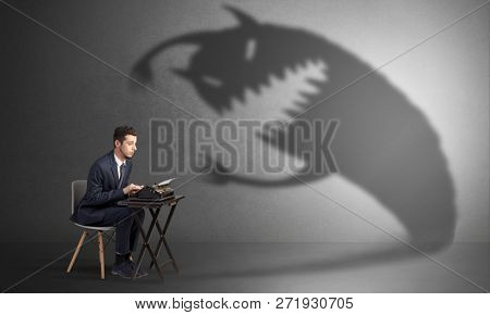 Little hard worker afraid of scary monster shadow