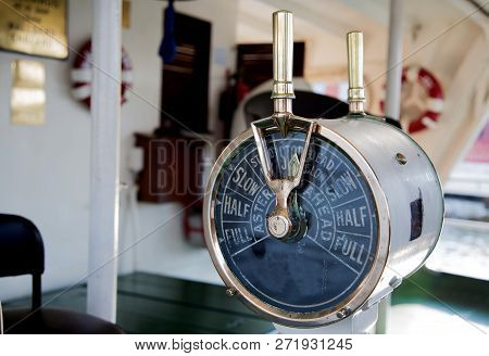 Old Ordering Control Signal To Engine Room Of Boat For Boating On Water Classic Style. Vintage Techn