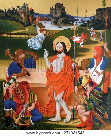 BRONNBACH, GERMANY - JULY 07, 2018: Resurrection of Christ, painting in Cistercian Abbey of Bronbach in Reicholzheim near Wertheim, Germany