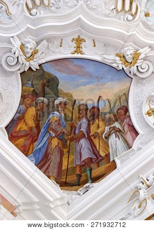 BRONNBACH, GERMANY - JULY 07, 2018: Ceiling frescoe by Johann Adam Remele in Joseph Hall, Cistercian Abbey of Bronbach in Reicholzheim near Wertheim, Germany