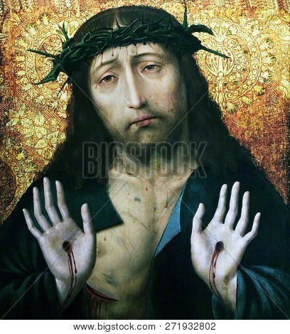 ZAGREB, CROATIA - APRIL 07: Man of Sorrows, Circle of Aelbert Bouts, oil on wood, 16 century, the Passion in Art from Mimara Museum in Zagreb, Croatia, on April 07, 2017.