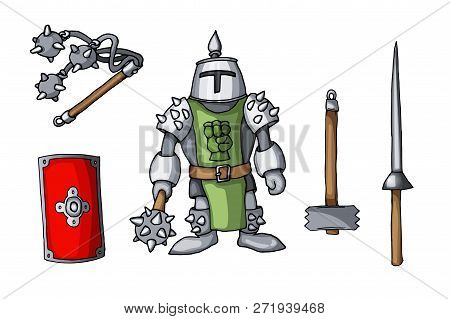 Hand Drawn Sticker Knights Colored Doodle Weapons Set Isolated On White