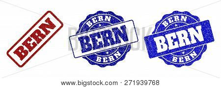 Bern Grunge Stamp Seals In Red And Blue Colors. Vector Bern Imprints With Grunge Surface. Graphic El