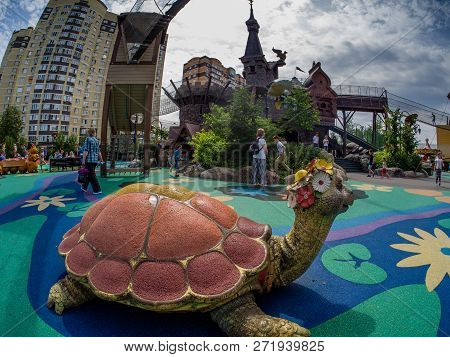 Moscow, Russia - July 26, 2018: Unidentified People Visit Fairytale Castle With Extreme Rope Ladder