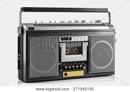 Retro Ghetto Blaster Isolated On White. Disco Boom Box.