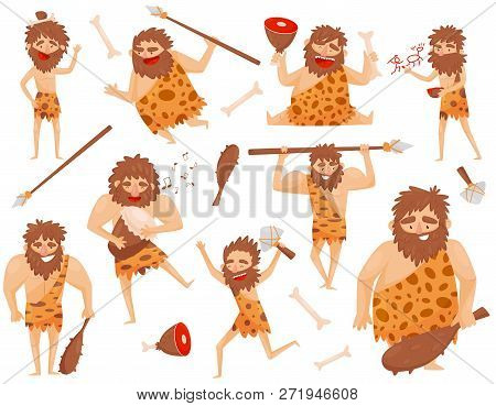 Funny Stone Age Prehistoric Man In Different Situations Set, Primitive Cavemen Cartoon Character Vec