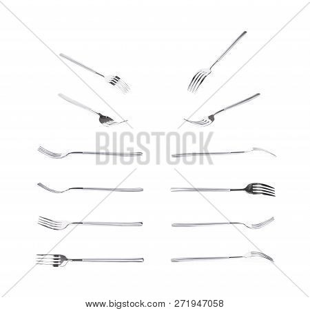 Metal Dinner Fork Isolated Over The White Background, Set Of Multiple Different Foreshortenings
