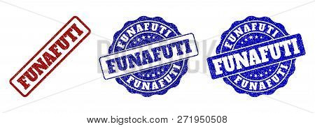 Funafuti Grunge Stamp Seals In Red And Blue Colors. Vector Funafuti Overlays With Dirty Texture. Gra