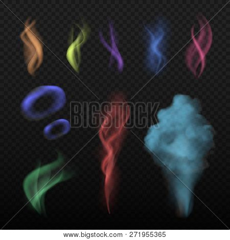 Colored Smoke. Steam And Smell Spread Buring Haze Colorful Vector Collection Realistic Set. Illustra