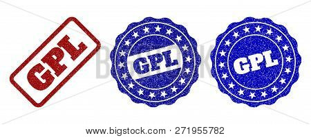 Gpl Grunge Stamp Seals In Red And Blue Colors. Vector Gpl Overlays With Grunge Effect. Graphic Eleme