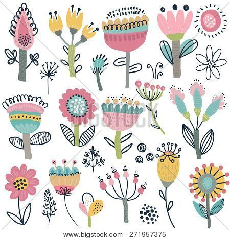 Vector Collection Of Fancy Flowers. Scandinavian Motives.