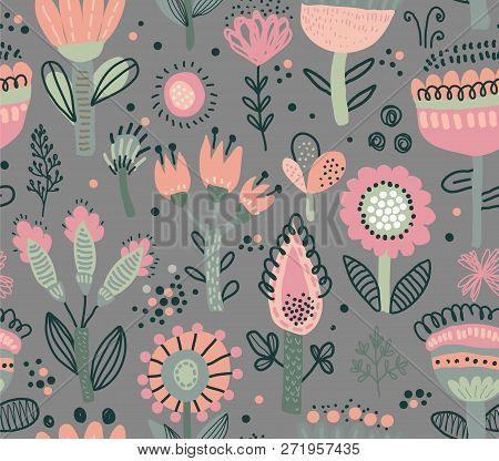 Vector Seamless Pattern With Fancy Flowers. Scandinavian Motives.