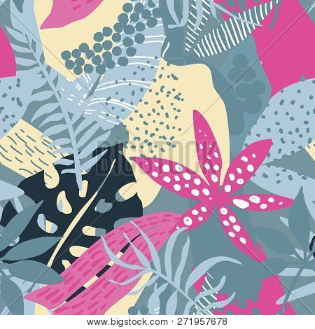 Vector Seamless Pattern With Tropical Plants And Hand Drawn Abstract Textures.
