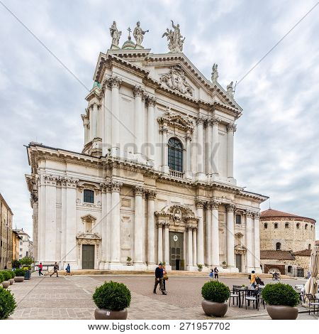 Brescia,italy - September 26,2018 - View At The Facade Of New Cathedral At Paolo Vi Place In Brescia