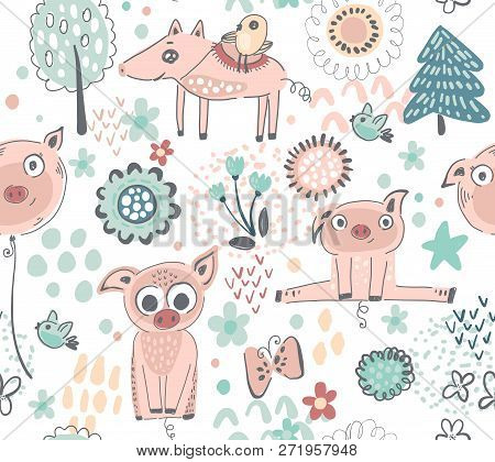 Vector Seamless Pattern With Cute Piglets, Flowers. Trees.