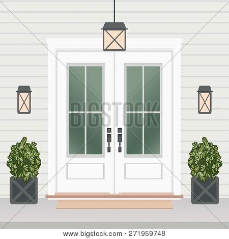 House Door Front With Doorstep And Mat, Window, Lamps, Flowers, Entry Facade Building, Exterior Entr