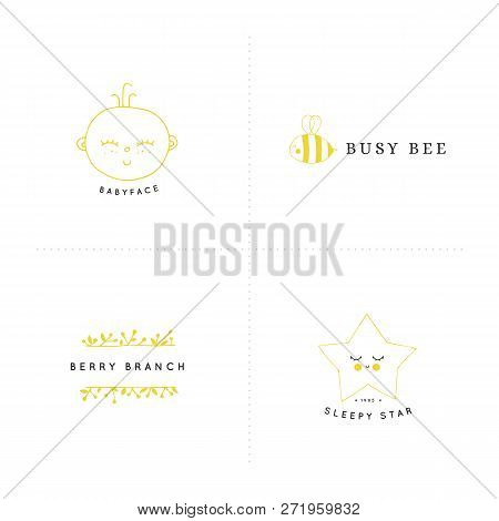 Big Vector Set Of Premade Logos For Kids Business Branding And Identity. For Children Club, Camp Or 