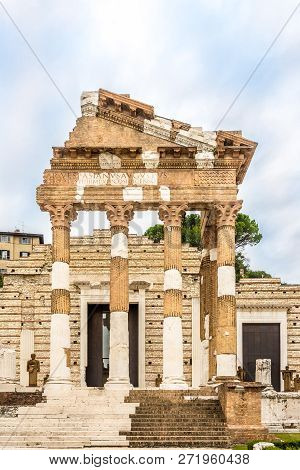 View At The Ruins Of Ancient Capitolium Temple In Brescia, Italy