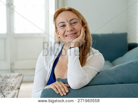 Happy Attractive Woman With Bindi In Forehead Symbol Of Third Eye Chakra In Yoga And Mindfulness.