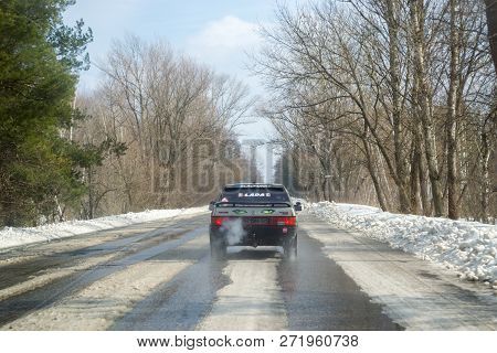 Severodonetsk, Ukraine - March 4th, 2018: View From The Window Of The Car To The Difficult Snow-cove